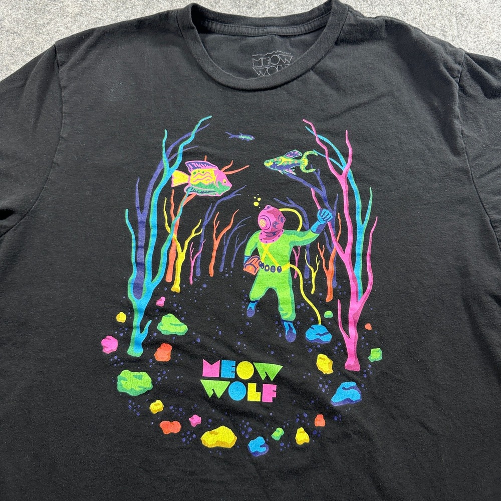 Meow Wolf Graphic T-Shirt Mens XL Black Neon Scuba Diver Deep Sea Cotton Tee
